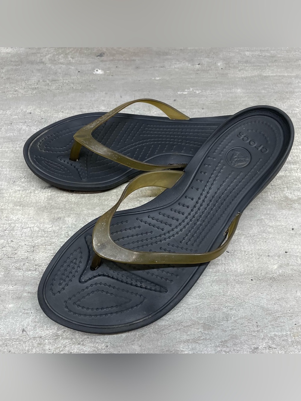 CROCS Black Footbed Sandals with Translucent Brown Straps
